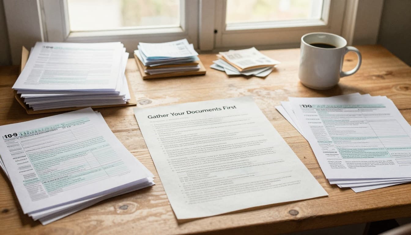 Watercolor style cozy home office desk with organized stacks of tax documents like W-2 and 1099 forms, receipts in a folder, coffee mug, and warm natural window light, no people or text.