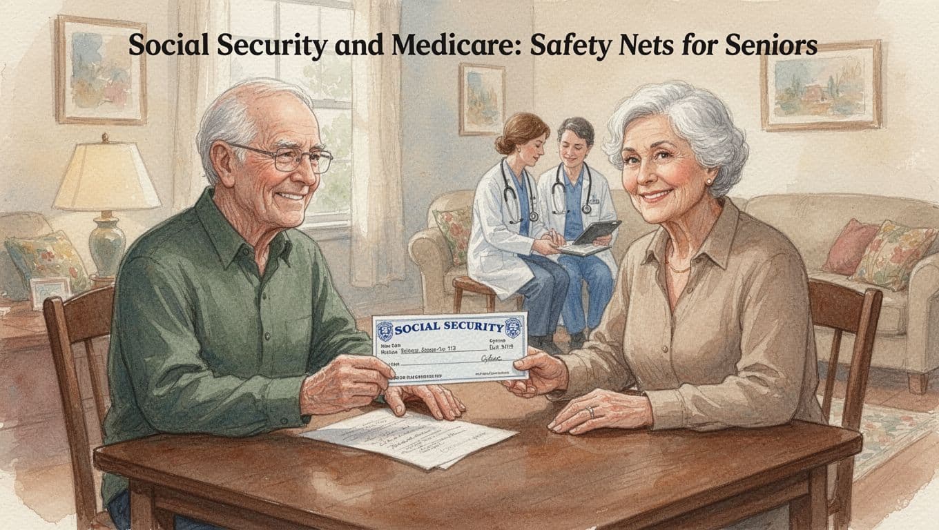 Watercolor scene of an elderly couple receiving a Social Security check at their home table, with a Medicare doctor visit in the background in a cozy living room.