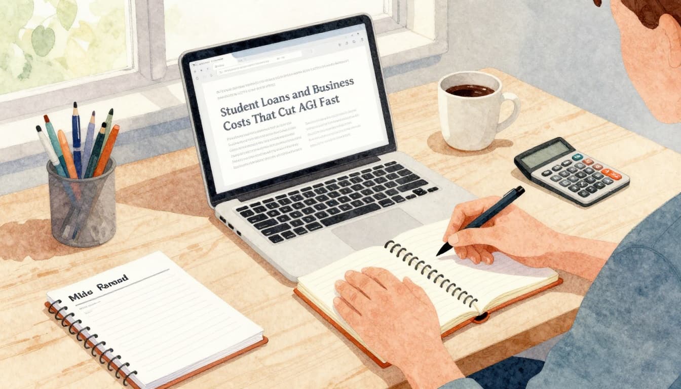 Watercolor illustration of a freelancer at a home desk with laptop, notebook, coffee mug, calculator, pens, and mileage log book; soft pastel colors, visible brush strokes, relaxed pose in a window-lit home office.