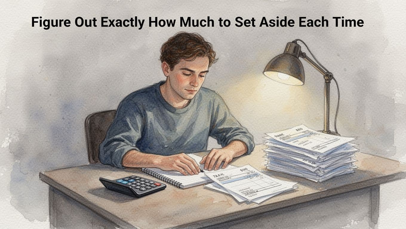 Watercolor painting of a single freelancer at a simple home desk with calculator, notebook, and pile of invoices, focused on tax calculation under warm desk lamp lighting.
