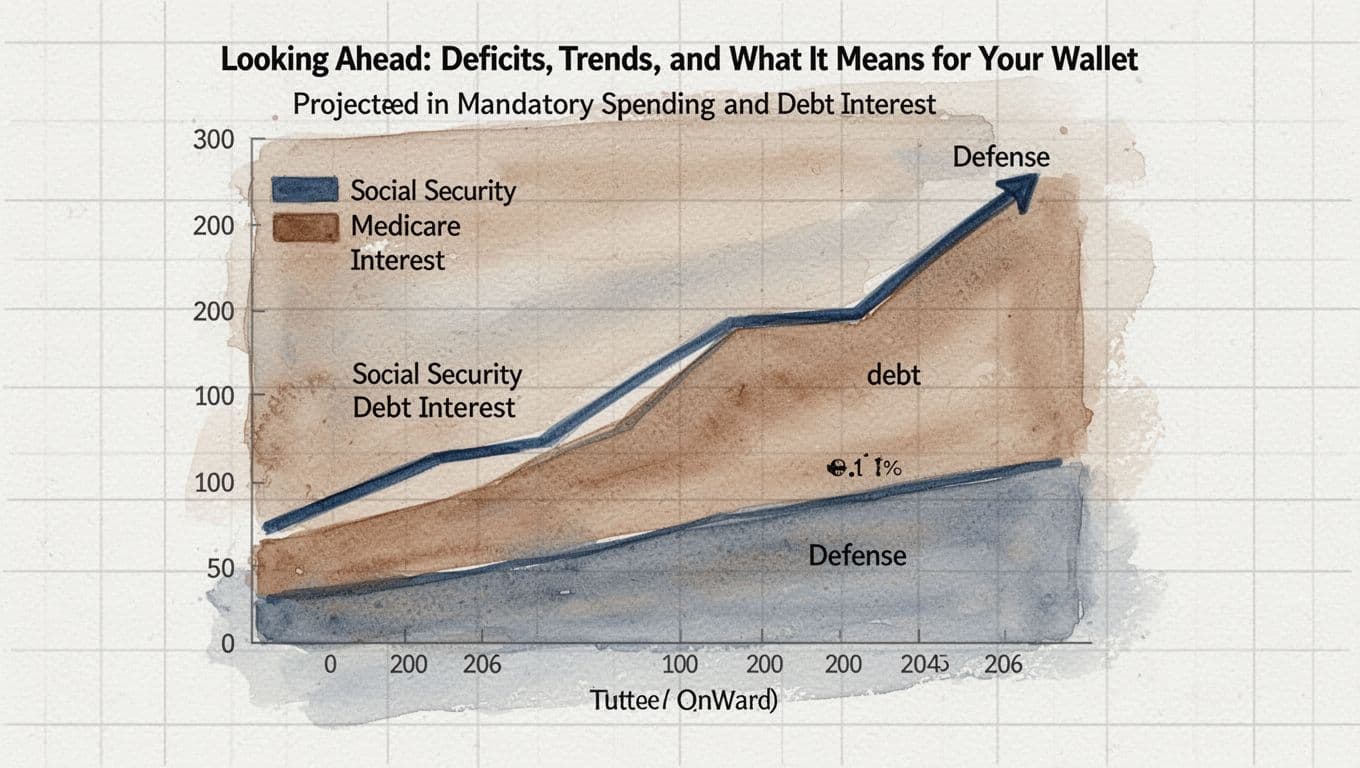 Watercolor-style line chart on a grid background showing upward trends for Social Security, Medicare, debt interest, and flatter line for defense, illustrating projected government spending from 2026 onward in earth tones with blue lines and brush texture.