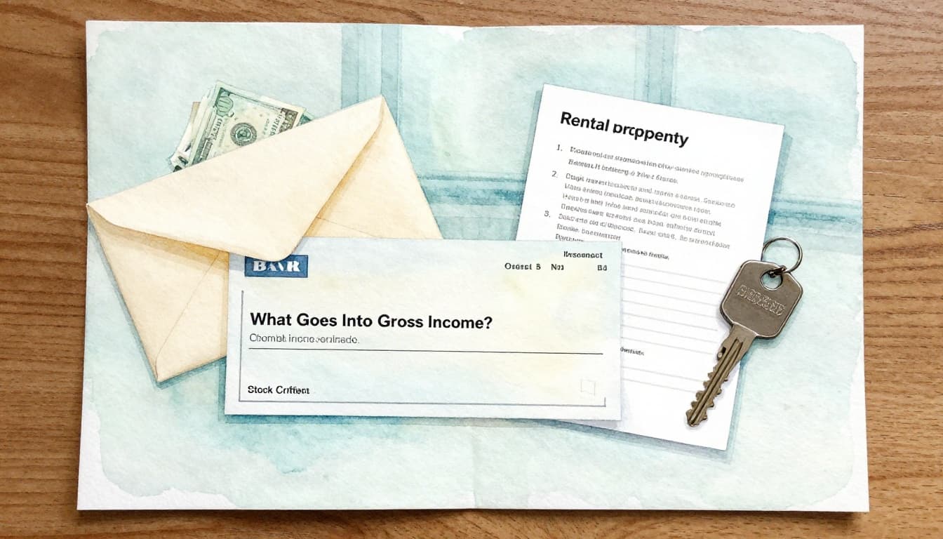 Watercolor painting of common gross income sources on a wooden desk: open paycheck envelope with cash spilling out, bank statement showing interest, rental property keychain, stock certificate. Soft window light, centered composition with neatly arranged items, soft blending and brush texture, pale blue-green tones.