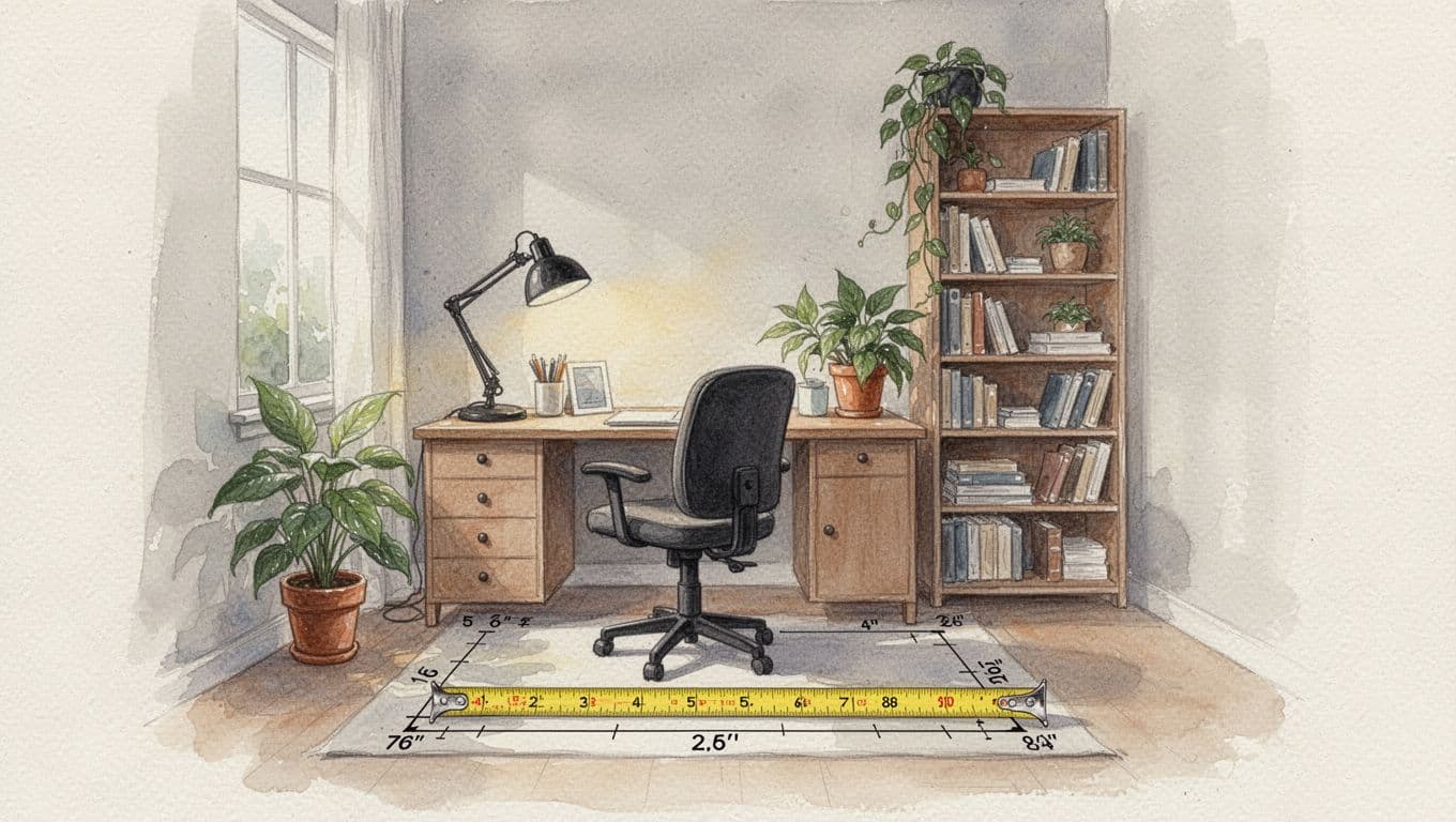 Watercolor illustration of a small dedicated home office with desk, chair, lamp, measuring tape indicating square footage for tax deduction, plants, bookshelves, soft brush strokes, neutral tones, serene warm lighting.