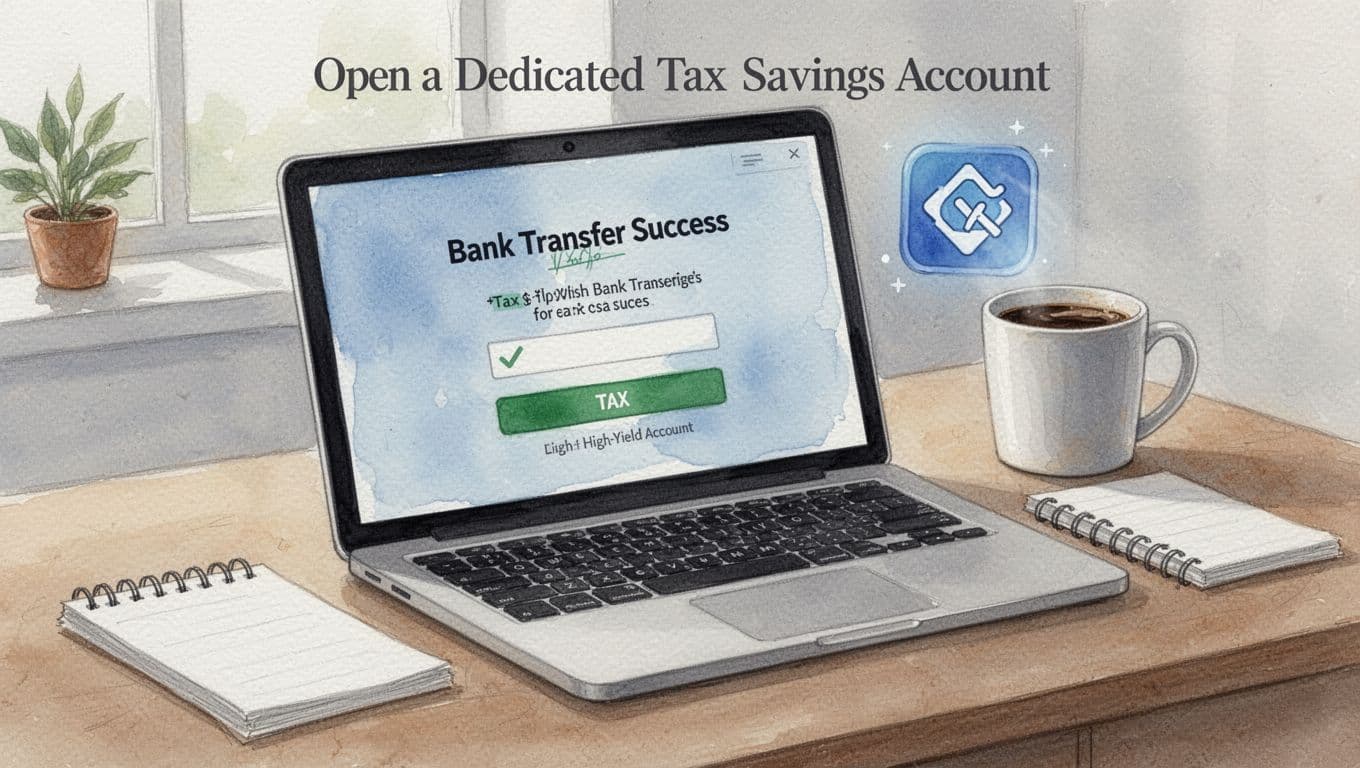 Watercolor illustration of a laptop screen at an angle showing a generic successful bank transfer to a tax savings high-yield account, with icons, coffee mug, and notepad on a cozy desk in neutral tones.