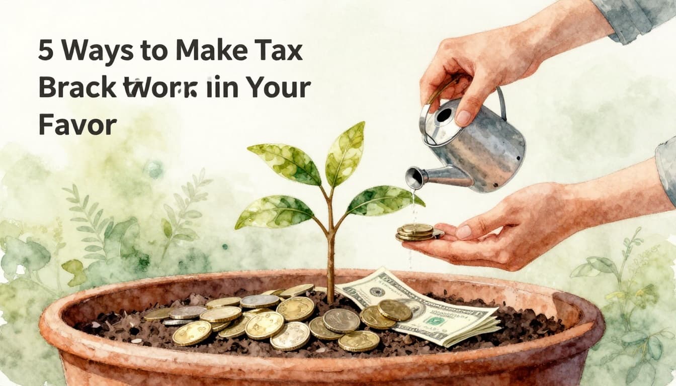 Watercolor depiction of a person watering a small tree growing from coins and dollar bills in a garden pot, symbolizing growing savings through smart tax strategies, soft brush strokes and blending, daylight scene, relaxed hand pose, exactly one person partially visible from behind, no text, consistent style with green and gold tones.