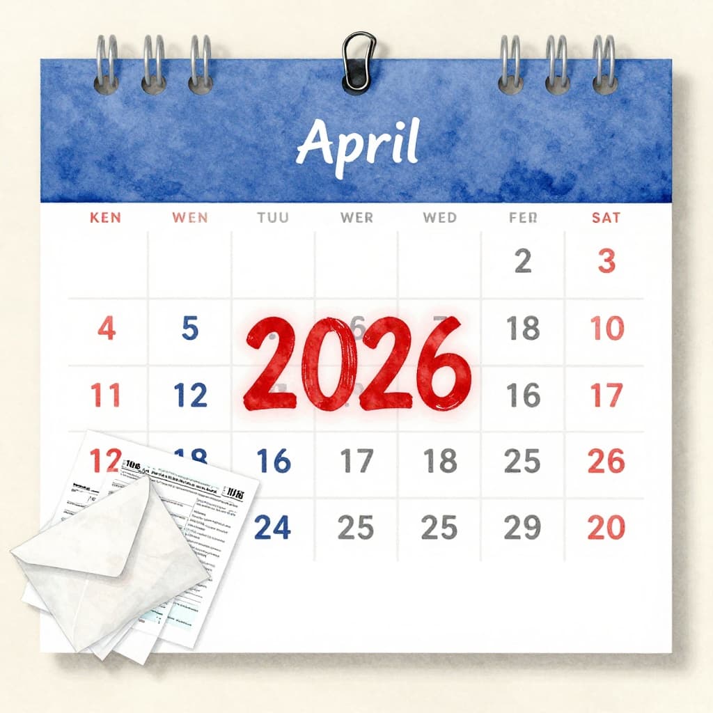 Watercolor-style wall calendar on an office wall marks key tax deadlines in red, with a tax form and envelope nearby under soft daylight, featuring visible brush textures and consistent palette.