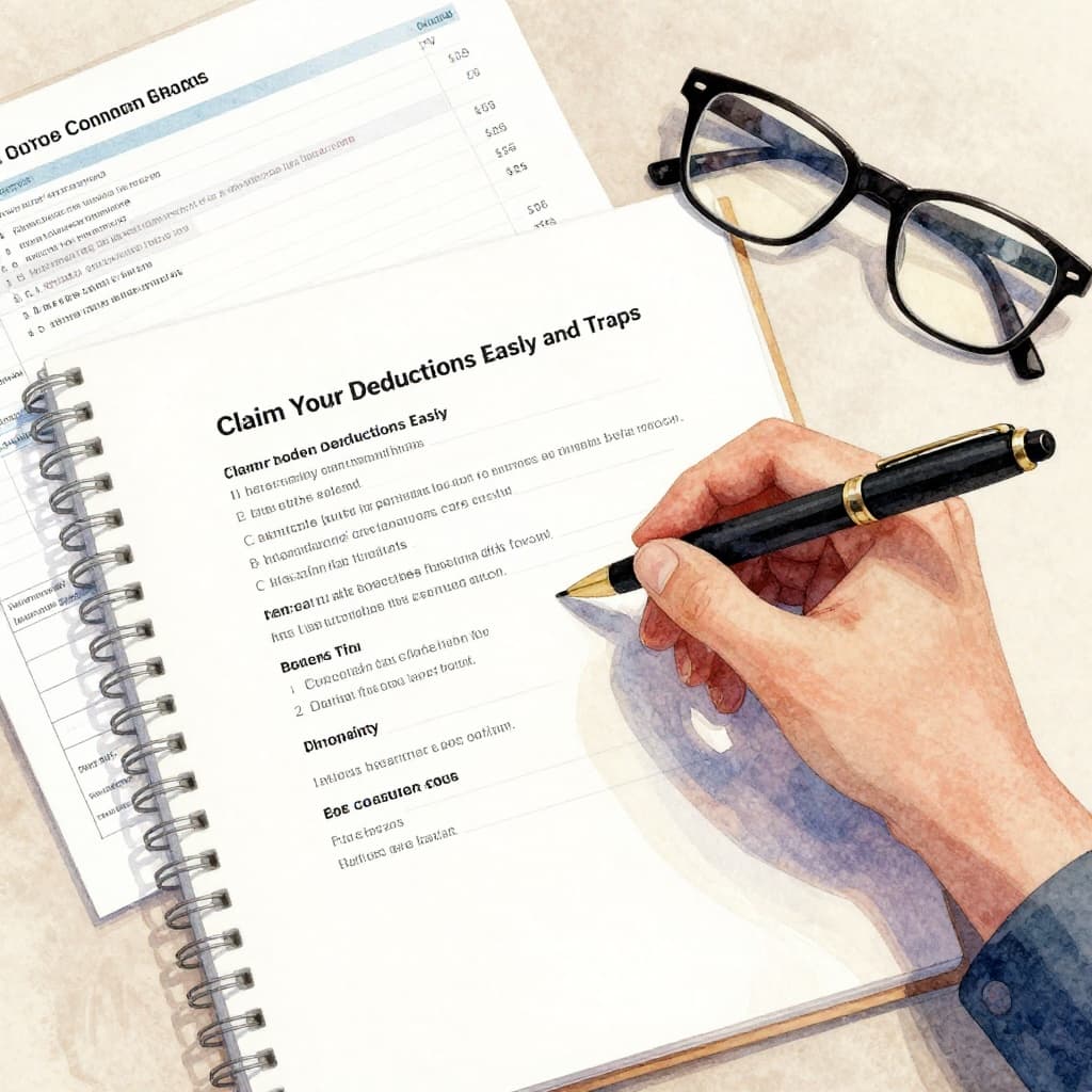 Watercolor illustration of organized receipts and documents in folders on a desk with pen and glasses, top-down view using pastel colors and soft shadows.