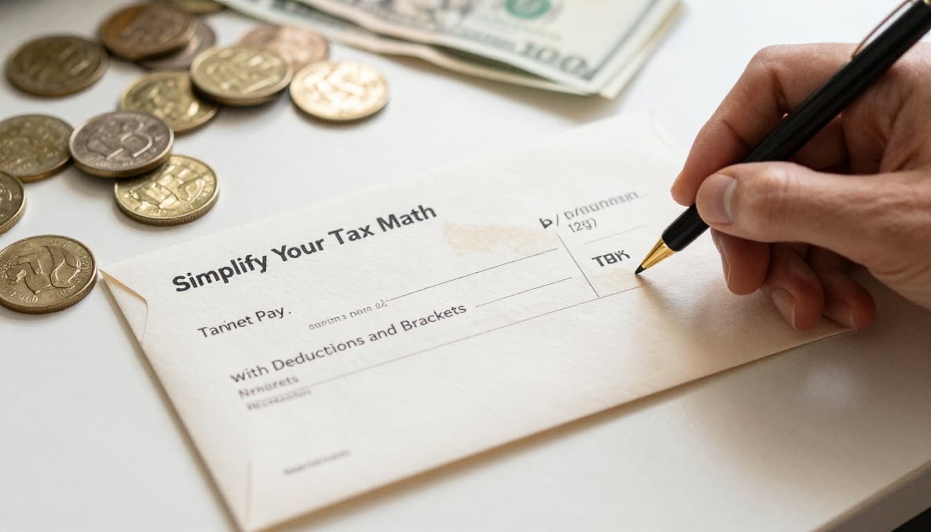 Watercolor painting of a paycheck envelope on a home office desk with coins and bills spilling out, symbolizing net pay after tax deductions. Soft natural window light highlights visible brush strokes and muted earth tones, with one hand resting nearby.