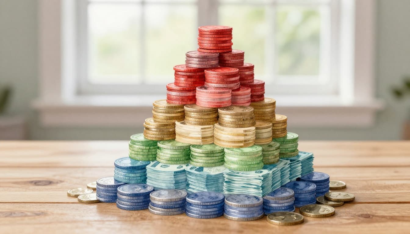 Watercolor painting of stacked layers of colorful coins and paper money bills forming a pyramid, with wider bottom layers in blues and greens for lower tax rates rising to reds at the top for higher rates, on a wooden table with soft natural light.