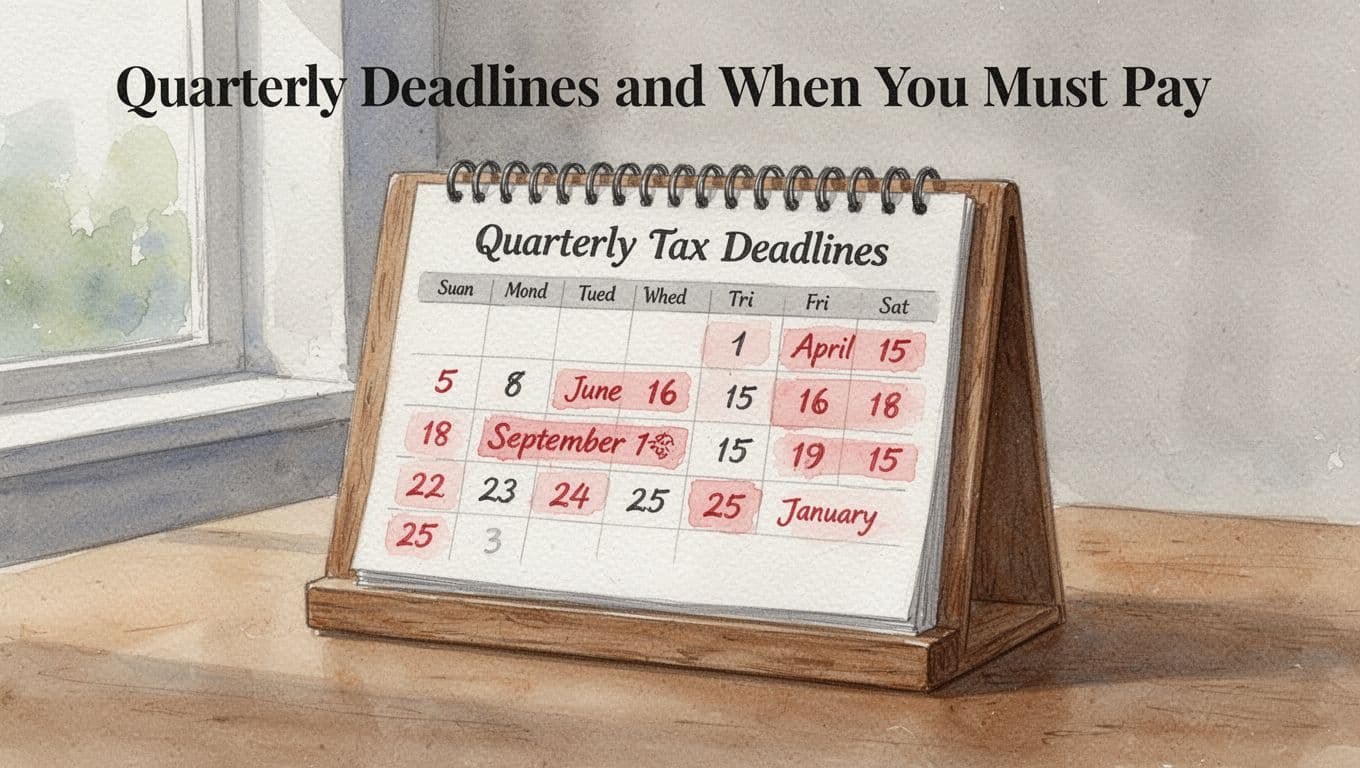 Watercolor style illustration of a wooden desk calendar open to quarterly tax deadlines marked April 15, June 16, September 15, January 15 in subtle red ink with soft brush textures and neutral background.