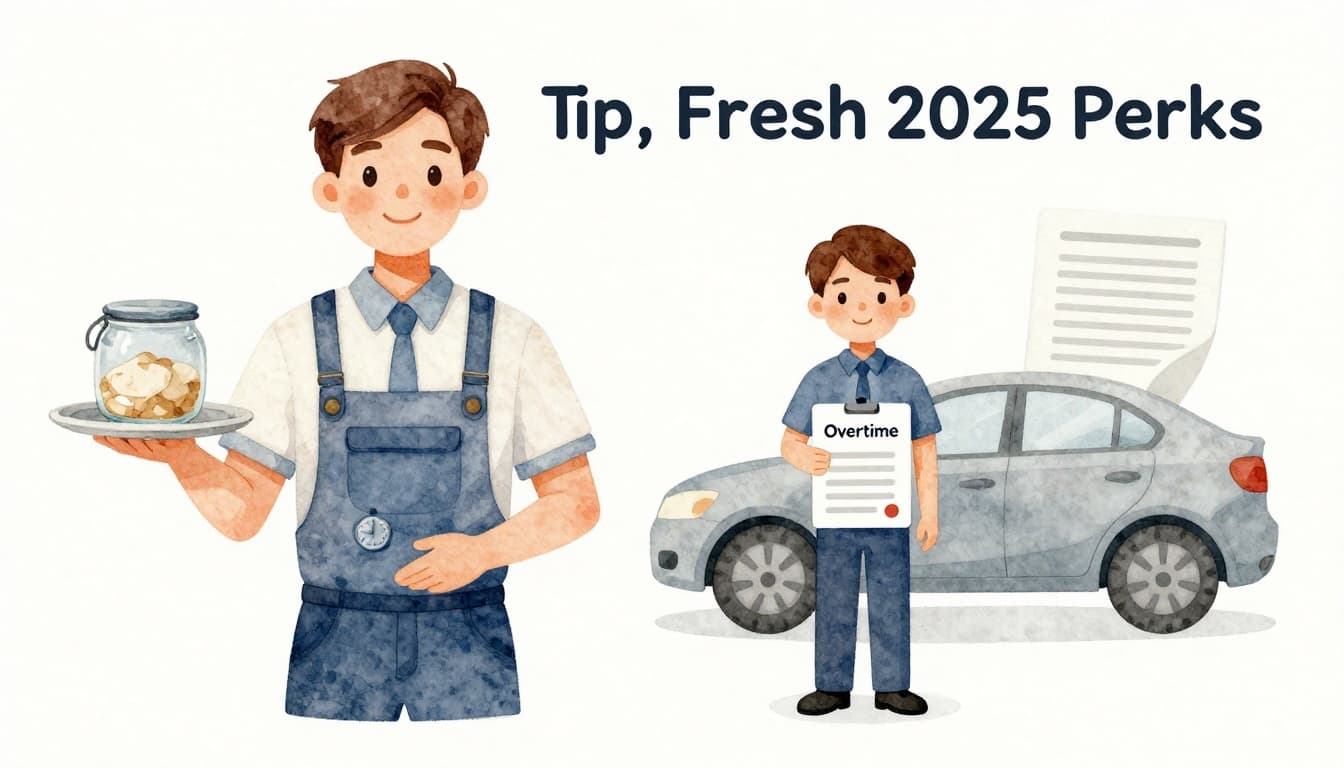 Watercolor style image of a server holding a tip jar and a factory worker with overtime clock punch card, next to car auto loan icons; soft blending brush textures, neutral background, exactly two people, simple composition.