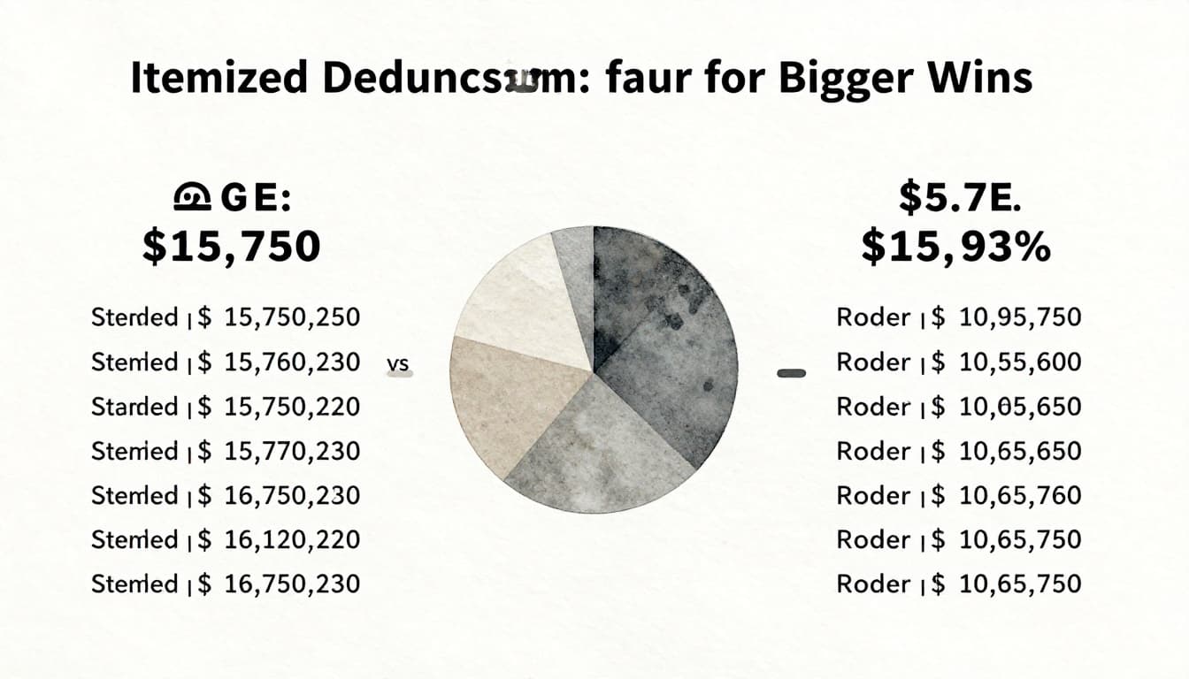 Watercolor-style chart comparing standard deduction of $15,750 versus itemized deductions totaling more for a single filer, with soft blending brush textures, neutral background, and central bar or pie graphic.