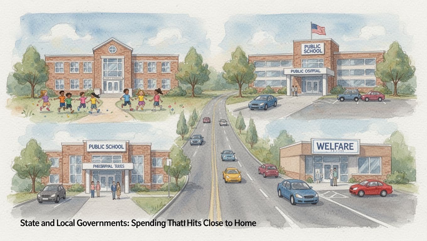 Watercolor style illustration of everyday public services funded by state and local taxes: public school with kids playing, hospital entrance, paved road with cars, welfare office; balanced landscape composition in soft pastel colors and earth tones.