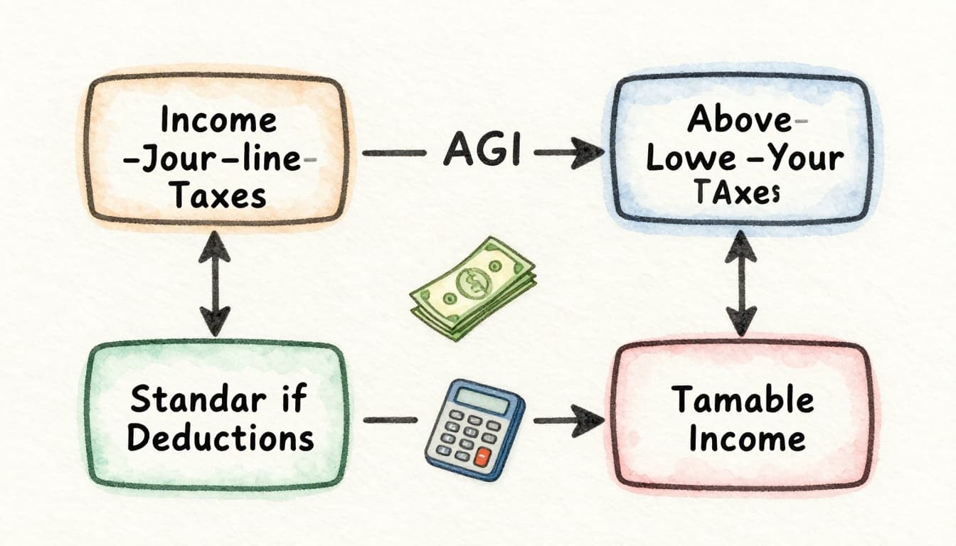 Watercolor illustration of a simple flowchart showing the tax deduction process from income to AGI to taxable income, with money and calculator icons in soft pastel colors and visible brush strokes.