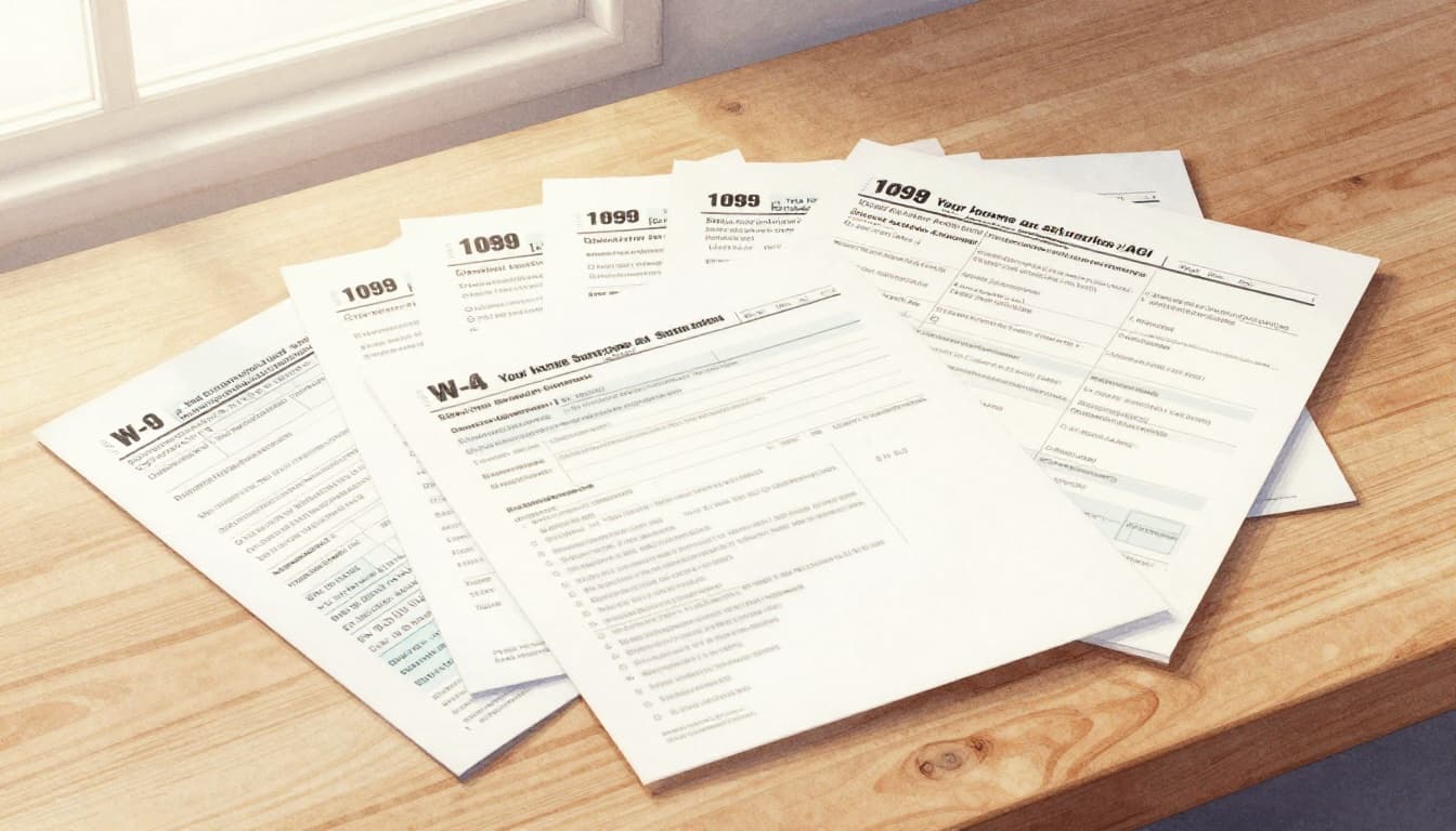 Neat stack of common tax documents like W-2, 1099, paycheck stubs, and bank statements on a wooden desk, top-down view in watercolor style with soft blending and natural light.