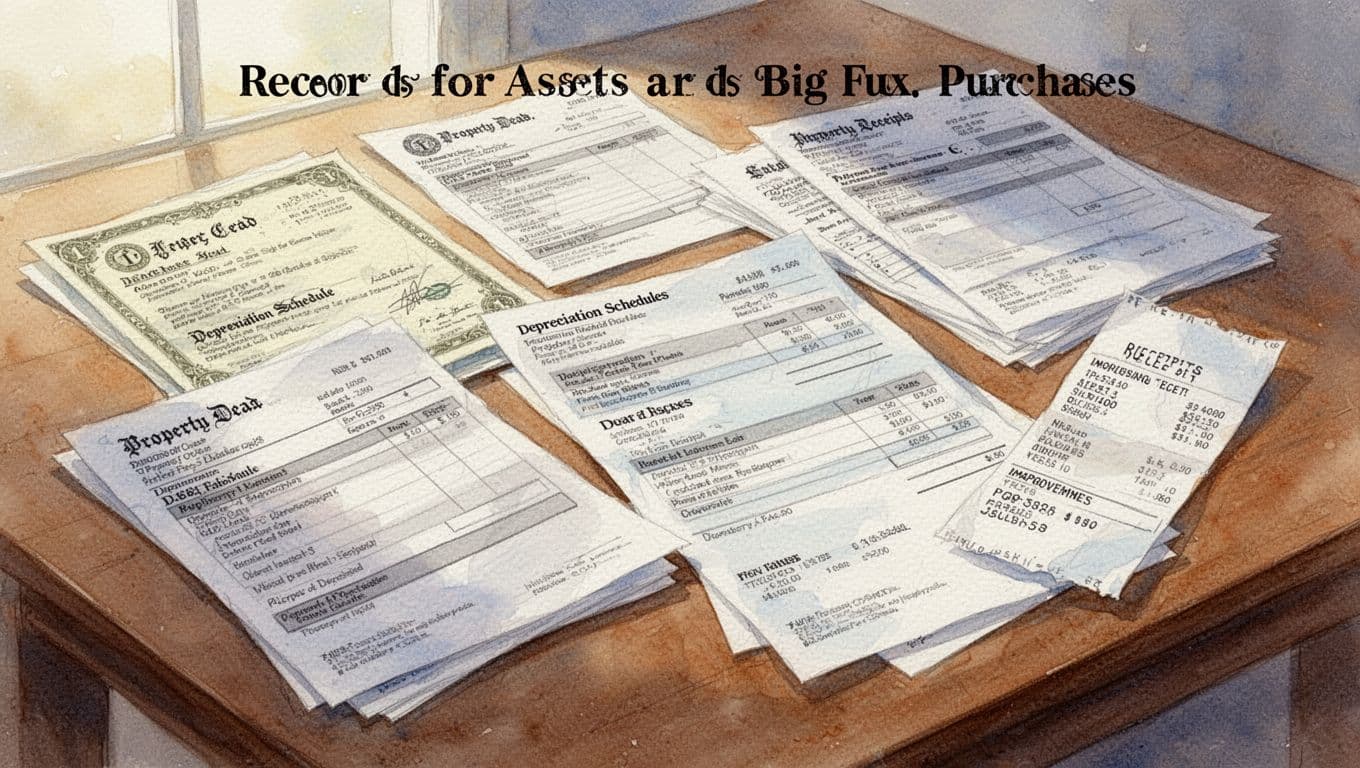 Watercolor illustration of tax records for assets and big purchases on a table, featuring property deeds, depreciation schedules, purchase invoices for equipment or vehicles, and improvement receipts, with soft blending, visible brush texture, warm daylight lighting, and angled composition.