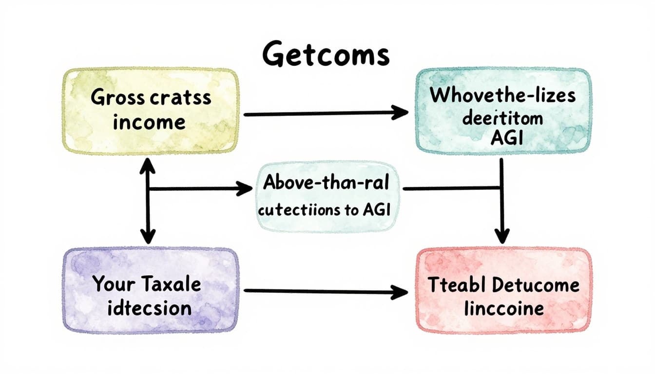 A simple watercolor illustration depicting the flow from gross income, minus above-the-line deductions to AGI, then minus standard or itemized deductions to taxable income. Soft pastel colors with visible brush strokes and clean lines.