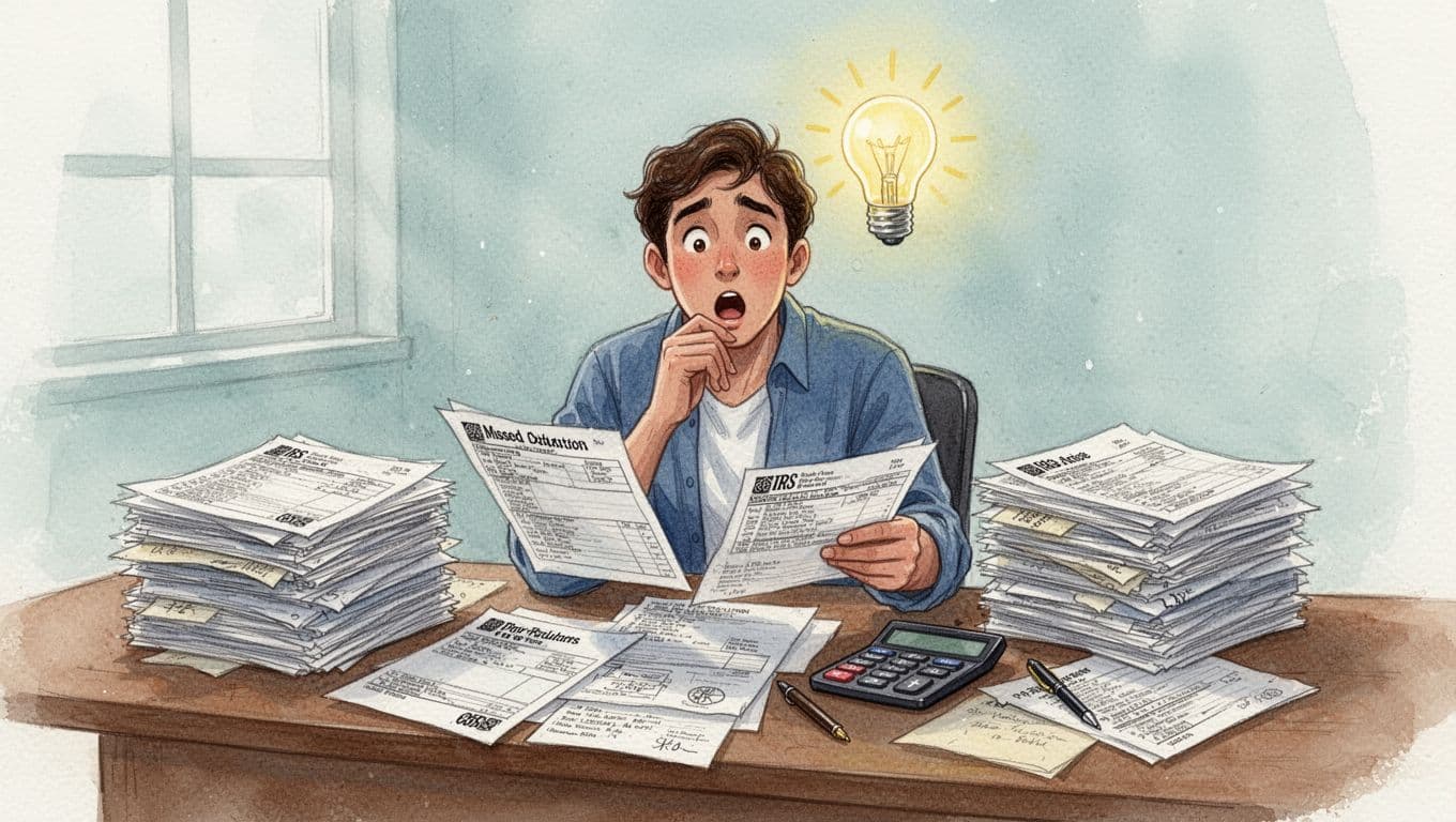 Watercolor illustration of one adult at a cluttered desk reviewing old tax forms and IRS notices, experiencing a light bulb moment with surprised relief upon finding a missed deduction error, hand on chin, calculator nearby, soft light and brush textures.