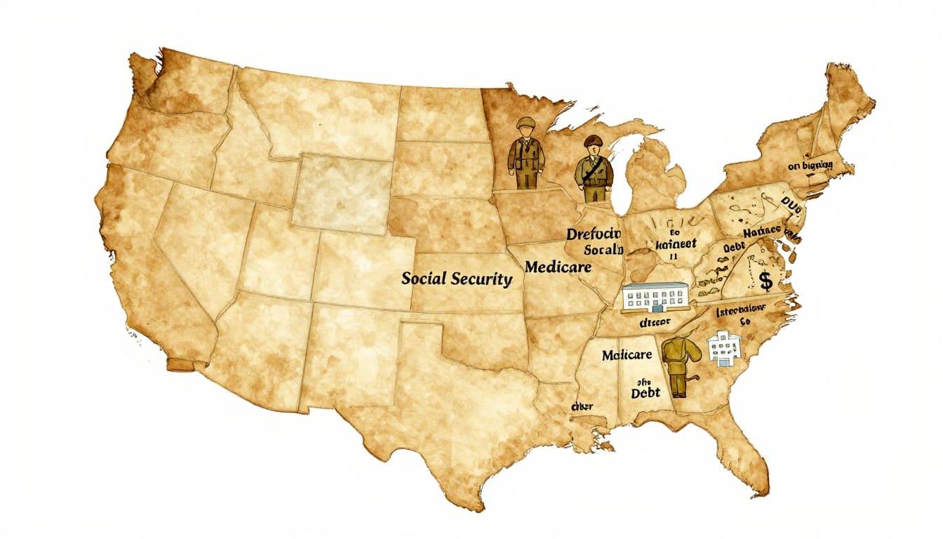 A watercolor illustration of a pie chart dividing US federal budget spending into main categories, with Social Security as the largest slice, followed by defense, Medicare, interest on debt, and smaller others; soft earth tones with simple icons and visible brush strokes on a white background.