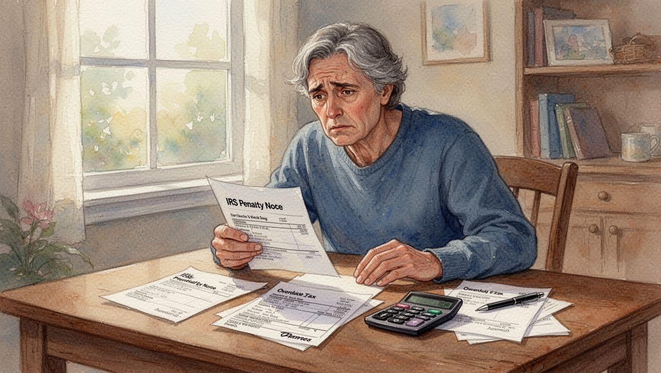 Worried middle-aged person sits at wooden desk in cozy home office, staring at IRS penalty notice and overdue tax bill papers, calculator and pen nearby, soft natural daylight through window, watercolor style.